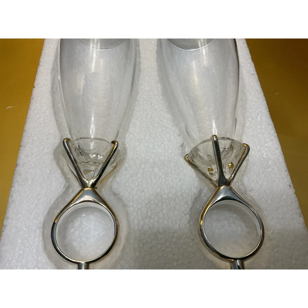 Godinger Silver Diamonds Champagne Flutes Set of 2 Silver Plated Ring Stem 6706